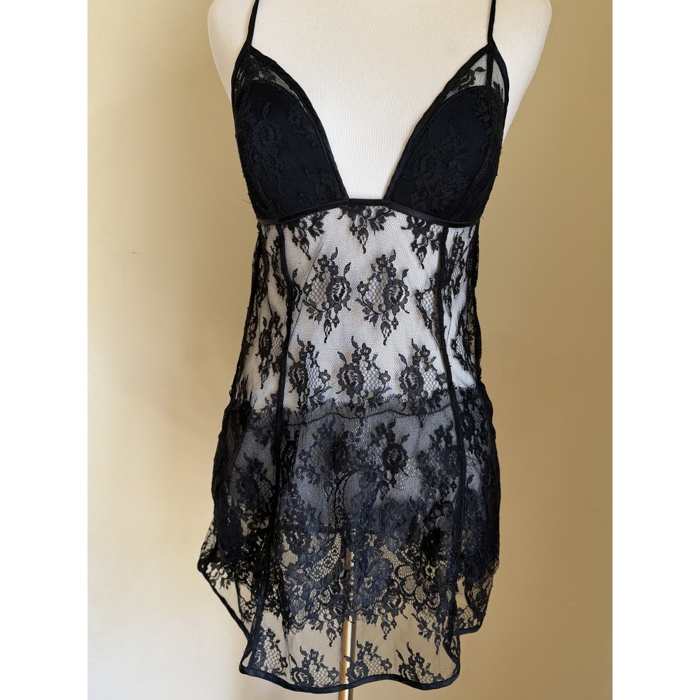 Victoria's Secret Very Sexy Black Lace Babydoll Y2K 2006‎ Medium Plunge Floral